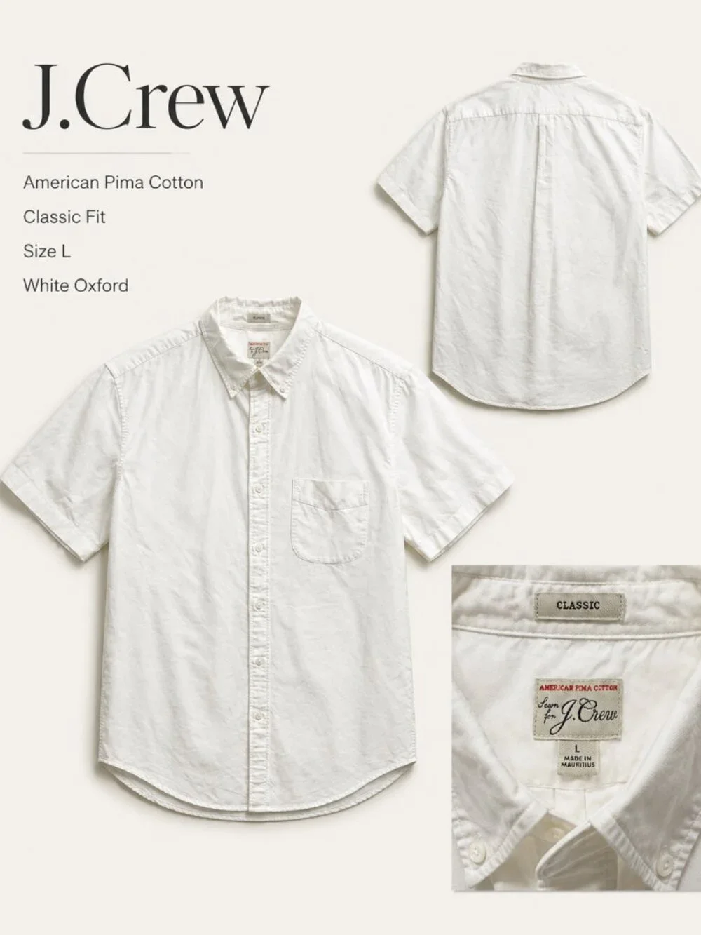 J.Crew American Pima Cotton Short Sleeve Oxford Shirt White Classic Fit L H4811